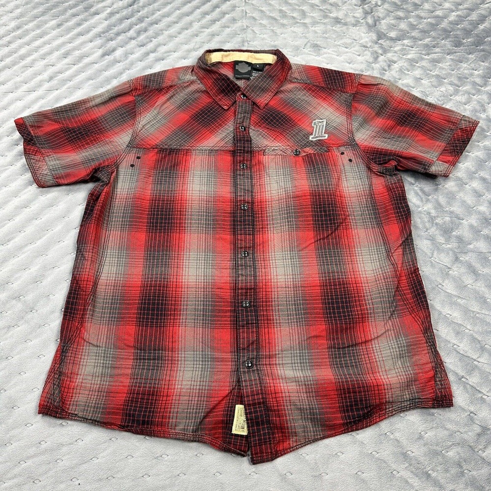 Harley Davidson Shirt Men Large Gray Red Buffalo Plaid Flannel Short Sleeve Logo